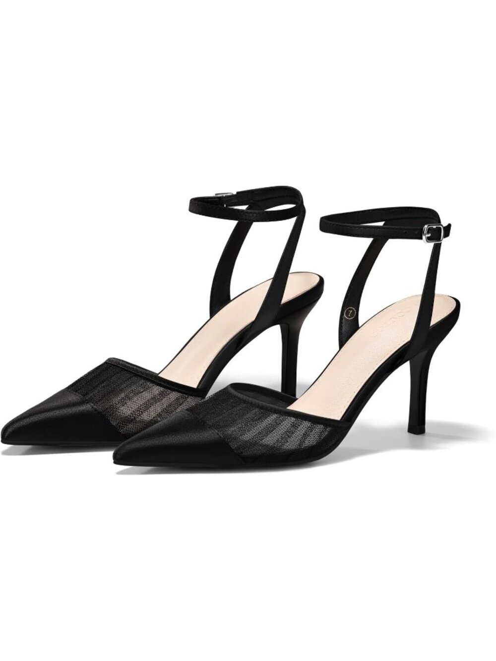 Women's Black Closed Toe High Heels Satin Pointed Toe Ankle Strap Patchwork
